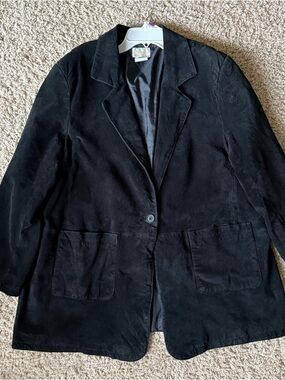 Roaman's Black Leather Suede Lined Jacket | Women’s Long Plus Size B0